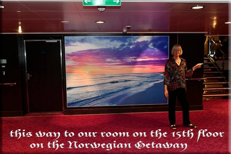 Narda pointing the way to our room on the fourteenth floor. We are now on the 15th floor where the Garden Cafe Buffet is.