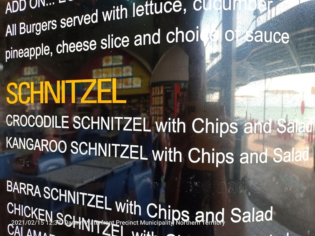 torn between crocodile schnitzel - Kangaroo schnitzel - Barra schnitzel: what's a vegetarian to do?