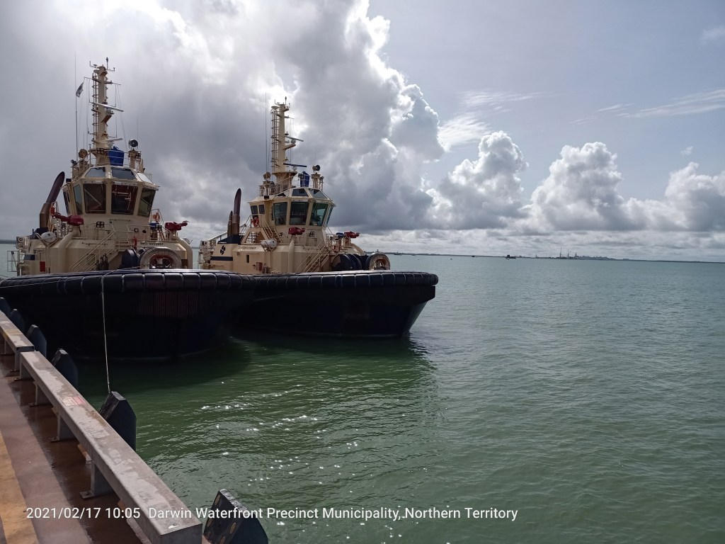 these tugs @ low tide - @ high tide they would be level with the jetty - we often saw them out towing a large ship into port or pushing one out