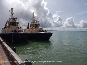 these tugs @ low tide - @ high tide they would be level with the jetty - we often saw them out towing a large ship into port or pushing one out