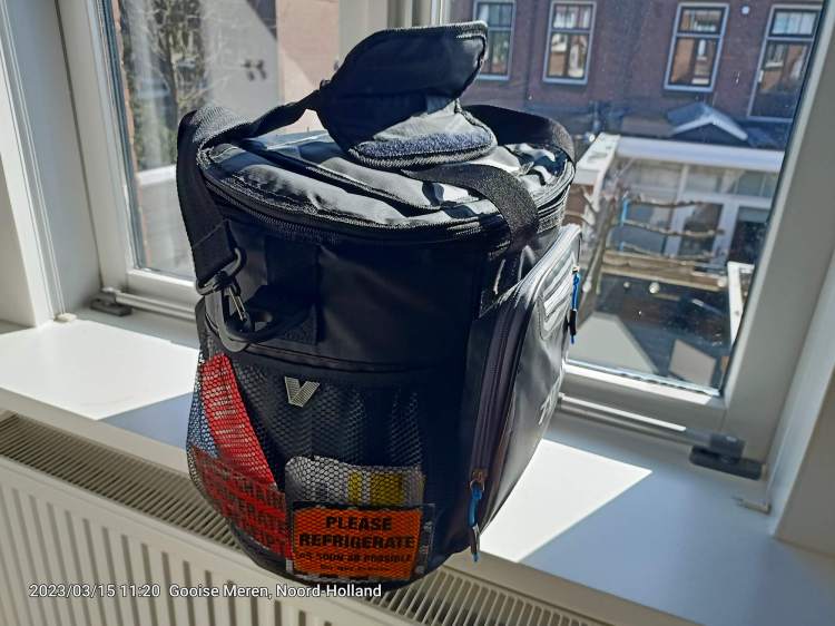 my travelling medical bag - half the stuff has to be kept refrigerated - a real hassle flying around with - filled with frozen liquid jell packs