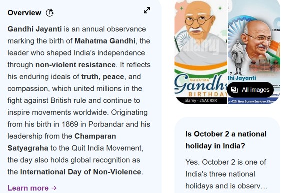 Gandhi Jayanti is an annual observance marking the birth of Mahatma Gandhi